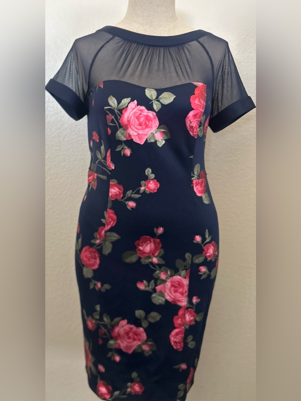 Enfocus Studio Navy Midi Dress with Pink Rose Print